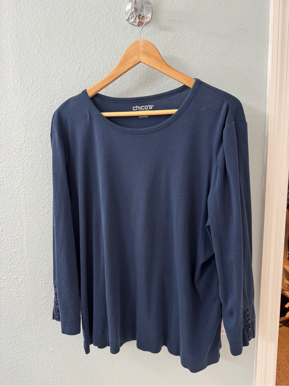 Chico's Navy Long-Sleeve Crewneck Top with Cuff Buttons